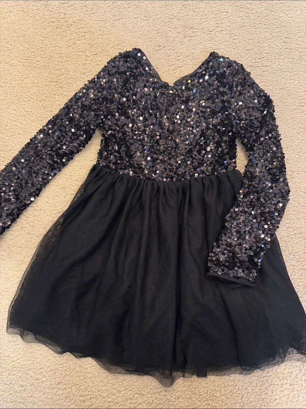 Cat & Jack Black Sequin Tulle Long-Sleeve Dress